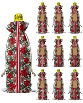 10шт Рождественских сосновых иголок Poinsettia, сумка для винных бутылок со шнурком, декор для праздничной вечеринки, крышки для винных бутылок, подарок