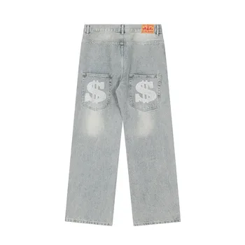 2023 Kanye Dollar Gaphic Y2K Модные Мешковатые джинсовые Брюки Мужская Одежда Выстиранные Синие Прямые Роскошные Джинсовые Брюки Pantalon Homme