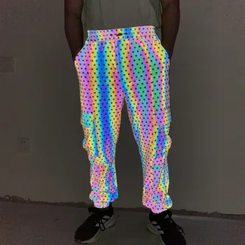 2023 Мужской Цветной светоотражающий комбинезон с геометрическим рисунком и эластичной талией, Модные дышащие повседневные мешковатые штаны для бега трусцой
