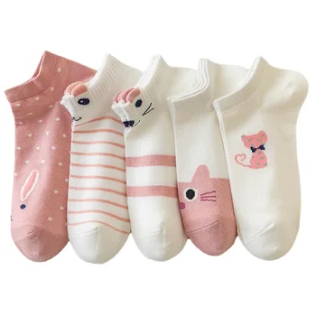 5 Пар Крутых женских носков с милым Розовым котом, Комплект женских Корейских носков, Весна-лето, Японские студенточки, Короткие Носки для женщин