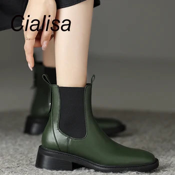 Cialisa / Зеленые Женские ботильоны 2023, осень-зима, эластичная обувь из натуральной кожи с квадратным носком, женские ботинки Челси на среднем каблуке 40 г.