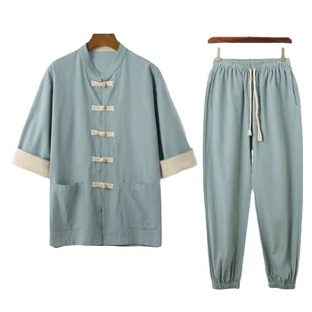 Yourqipao Летние топы в китайском стиле, комплекты брюк, хлопковая льняная рубашка в стиле ретро с пряжкой, мужской костюм в японском стиле Тан