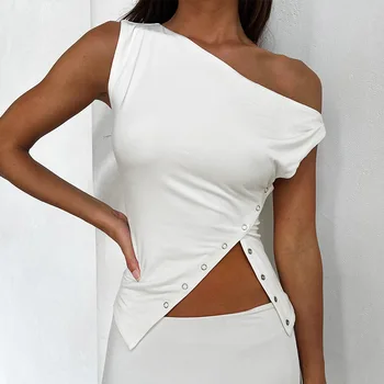 Асимметричная футболка без рукавов с разрезом на пуговице на одном плече Укороченные топы Женская одежда Лето 2023