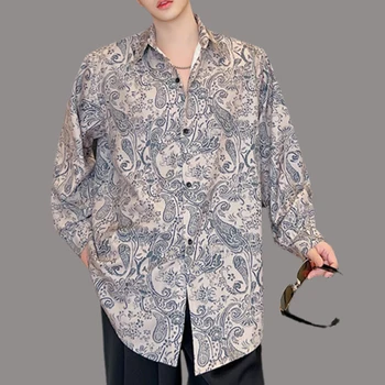Винтажная Мужская Повседневная рубашка с принтом, Лацкан, Уличная одежда с длинным рукавом, Свободная Модная Мужская одежда, Корейские майки для отдыха.
