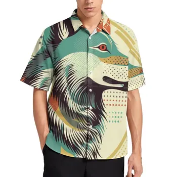 Волчья пляжная рубашка Ретро Разноцветные гавайские повседневные рубашки 70-х годов Мужские трендовые блузки с коротким рукавом Графический топ 3XL 4XL