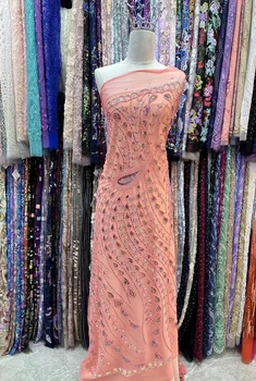 Высококачественная кружевная ткань розового цвета, расшитая бисером, 2023, Высококачественные стразы, кружево, 5 ярдов, французские блестки, Нигерийские ткани, свадебное платье