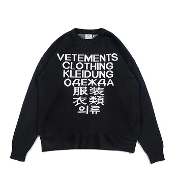 Вязаный свитер Vetements Для мужчин и женщин, высококачественный жаккардовый логотип с буквами 1: 1, с круглым вырезом, Оверсайз, черный пуловер VTM, толстовки Унисекс