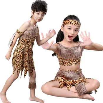Детские Костюмы дикарей для девочки на Хэллоуин для мальчика, Дикая индийская девочка, реквизит для сценического представления с леопардом, детский Примитив