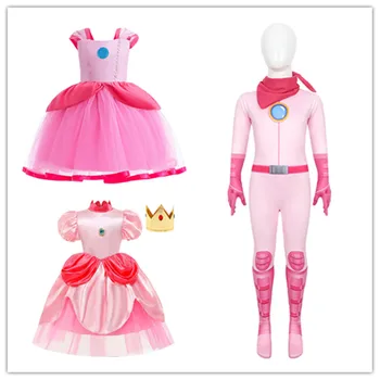 Детский карнавальный костюм Принцессы Персик для девочек, комбинезон, платье с булавками, повязка на голову, наряды на Хэллоуин, Карнавальный маскировочный костюм