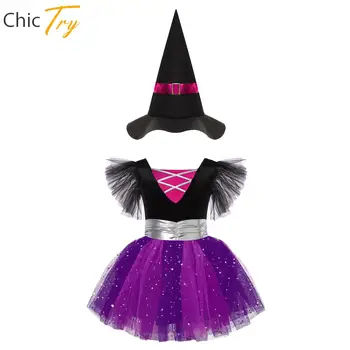 Детский костюм ведьмы для девочек на Хэллоуин, платье ведьмы, остроконечная шляпа, блестящее сетчатое платье-пачка с пайетками для косплея, Маскарадная вечеринка