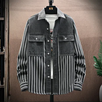 Джинсовая рубашка в полоску Для мужчин, Harajuku, Весенне-осенняя рубашка-карго, куртка, Модные повседневные рубашки в полоску в стиле пэчворк Для мужчин