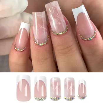 Длинные квадратные накладные ногти Новые французские Хрустальные накладки на ногти Съемные Мраморно-розовые кончики для ногтей для женщин и девочек