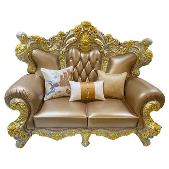 Европейский диван из натуральной кожи с ручной резьбой из массива дерева Royal Sofa Set Роскошная Мебель для гостиной