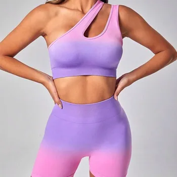 Европейский и Американский летний новый бесшовный спортивный комплект с градиентом, женский дышащий спортивный бюстгальтер с высокой талией, быстросохнущие шорты для йоги