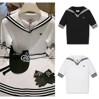 Женская летняя мода WAAC Golf, футболка с короткими рукавами и резьбой в сто спичек, спортивный повседневный вязаный топ в морском стиле