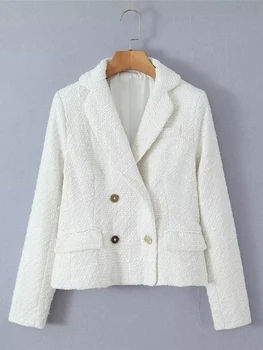 Женская модная двубортная верхняя одежда с отложным воротником и длинным рукавом, женская осенняя новинка 2023 года, повседневные шерстяные белые короткие куртки