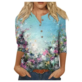 Женская футболка с принтом в виде масляной живописи, рукав три четверти, воротник на пуговицах, Верхняя футболка, Нижняя рубашка, camisetas femininas