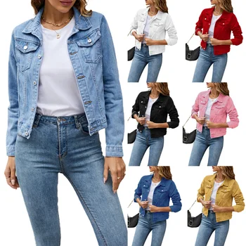 Женские джинсовые куртки Модные женские повседневные с длинным рукавом, с лацканами, с нагрудным карманом на пуговицах, тонкая джинсовая куртка, осенне-зимнее пальто