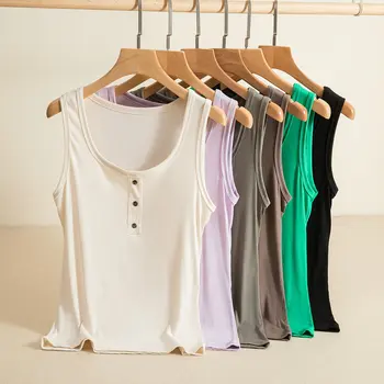Женский жилет-слинг на нитках 2023, летние разноцветные футболки на пуговицах, приталенный крой без рукавов, нижнее белье для женщин, домашняя одежда
