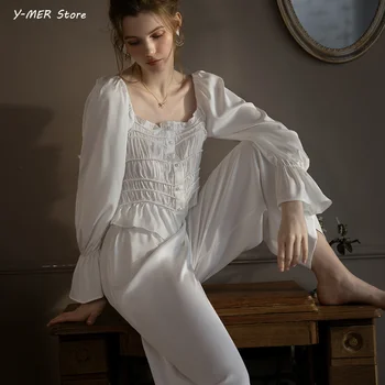 Женский пижамный костюм с элегантными оборками, комплект из 2 предметов брюк, домашняя одежда в винтажном стиле принцессы, Длинная рубашка и брюки, пижама из вискозы