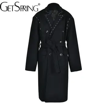 Женское шерстяное пальто GetSpring 2023, осень-зима, Яркая Линейка, Двубортное пальто на шнуровке, Универсальная Свободная Длинная куртка в тон.