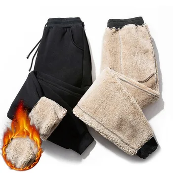 Зимние флисовые прямые брюки, мужские спортивные штаны для фитнеса, бега трусцой, теплые повседневные брюки из овечьей шерсти, мужские однотонные штаны с завязками