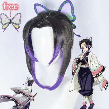 Истребительница демонов: Kimetsu No Yaiba Shinobu Kocho Косплей Парик 23 см Короткий Черный Фиолетовый градиент