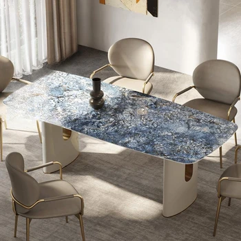 Итальянский Прямоугольный обеденный стол с голубой текстурой, столешница из каменной панели, Устойчивая рама стола, круглый угол, Роскошные обеденные наборы