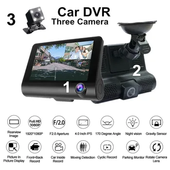 Камера DVR 3 Объектива Для Автомобиля 4,0-Дюймовый Видеорегистратор 1080P Поддержка Камеры Заднего Вида Видеомагнитофон Авторегистратор G-Сенсор Ночного Видения