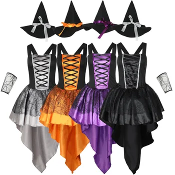 Костюм на Хэллоуин, фиолетовый, оранжевый, сексуальный сетчатый костюм ведьмы на бретелях, разноцветный костюм для косплея на вечеринку
