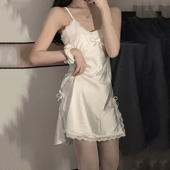 Кружевное сексуальное ночное платье, женская пижама в корейском стиле, Летняя ночная одежда с бантом для женщин, пижамы, однотонная ночная рубашка без рукавов