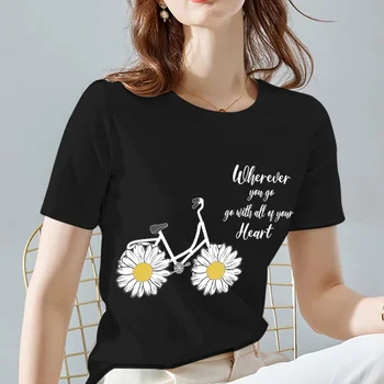 Летняя женская футболка, Новые классические женские топы, модные женские футболки с круглым вырезом и коротким рукавом с рисунком маргаритки, женская одежда
