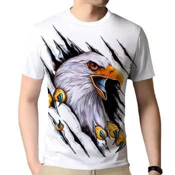 Летняя мужская футболка с коротким рукавом, Повседневный принт, Свободная футболка с рисунком Орла, Белая рубашка с объемным животным рисунком, уличная одежда