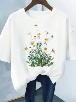 Летняя футболка, женская одежда, повседневные футболки с цветочным принтом, модный растительный тренд, Милая женская футболка с коротким рукавом и рисунком