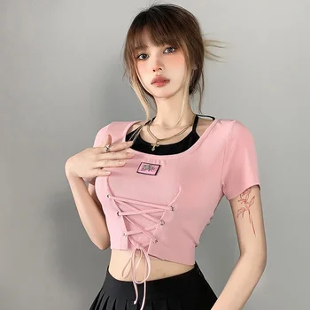 Летняя футболка с коротким рукавом Spicy Girls, женский короткий топ со шнуровкой на талии, сексуальный топ Design Sense