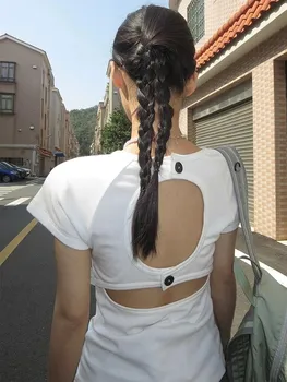 Летняя футболка с открытой спиной Для женщин, Горячая девушка, короткий рукав, открытый Укороченный топ, Корейский стиль 2000-х, Винтажные топы Y2k, уличная одежда, футболки