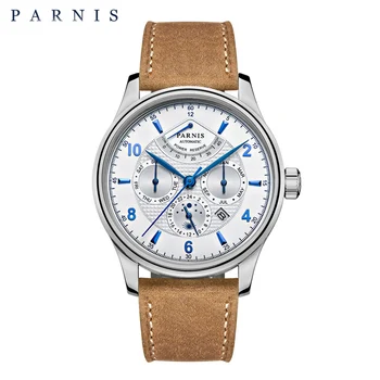 Модные мужские часы Parnis 43 мм в серебряном корпусе с автоматической фазой Луны, кожаный ремешок, сапфировое стекло, роскошные механические часы relojes