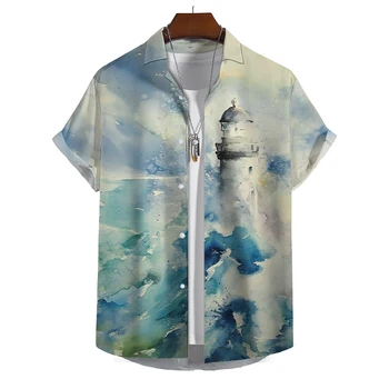 Мужская гавайская рубашка с легким принтом, свободная повседневная одежда оверсайз, топ для пляжной вечеринки, мягкая уличная футболка, летняя