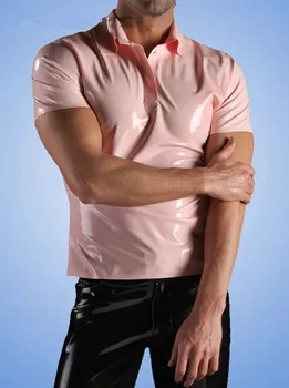 Мужская латексная рубашка-поло с короткими рукавами, модные резиновые футболки, модные топы