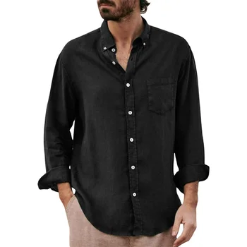 Мужская рубашка с воротником-лацканами, однотонная Свободная простая блузка на пуговицах с длинным рукавом и нагрудным карманом
