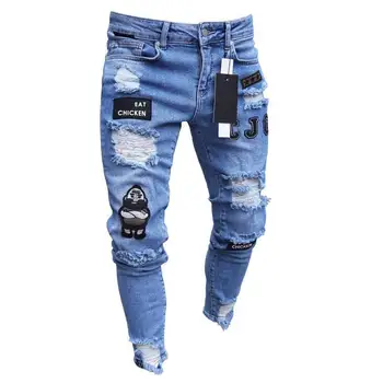 Мужские джинсы-карандаш с дырками и вышивкой, узкие мужские брюки, повседневные тонкие джинсовые брюки, классические ковбойские штаны для бега трусцой для молодых людей