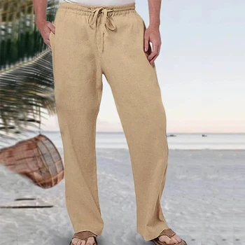 Мужские хлопчатобумажные льняные брюки, модные эластичные брюки с прямыми штанинами, Летние повседневные брюки в стиле хип-хоп, уличная одежда с завязками