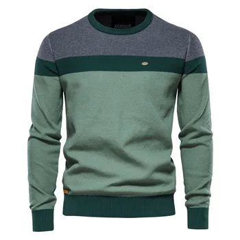 Мужской пуловер с круглым вырезом в полоску, цветная блокировка, высококачественный теплый свитер, модный повседневный мужской свитер в полоску
