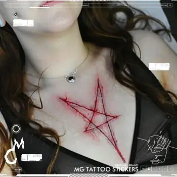 Наклейки с татуировкой красного шрама для женщин, панк-арт на груди, временные татуировки, водонепроницаемая пентаграмма, поддельная татуировка, Стойкая наклейка с татуировкой