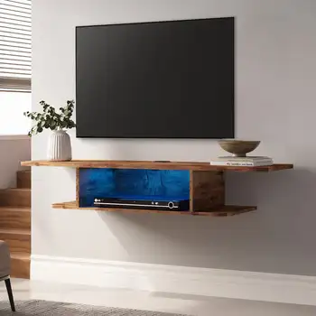 Настенная плавающая подставка для телевизора, медиа-консоль с полкой для хранения в гостиной, коричневый в деревенском стиле