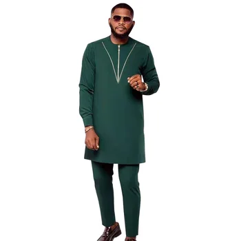 Нигерийские Модные рубашки с застежкой-молнией, Комплекты из однотонных брюк В стиле Сенатора, Черновато-Зеленые Африканские Свадебные Мужские Костюмы Жениха
