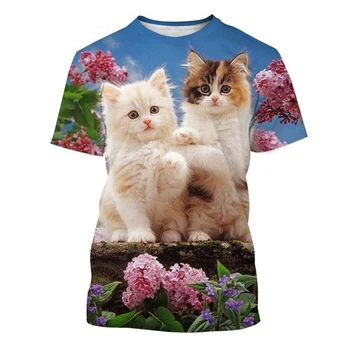 Новая мужская футболка с короткими рукавами с 3D-принтом Two Cats, Модная Повседневная Футболка с милым Животным Принтом Кошки В стиле Харадзюку, Топ с короткими рукавами