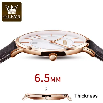Новые мужские кварцевые часы OLEVS Ультратонкие 6,5 мм минималистичные водонепроницаемые деловые часы с датой и модным кожаным ремешком Мужские часы