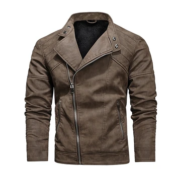 Новые мужские модные байкерские куртки из искусственной кожи, военная кожаная куртка, мужские зимние флисовые теплые мотоциклетные пальто на диагональной молнии, тонкое пальто