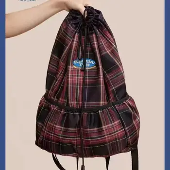 Опрятная школьная сумка на шнурке в английском Стиле, американский Винтажный Клетчатый рюкзак с вышитым логотипом, Модная Дорожная сумка Y2k, Альпинистская сумка